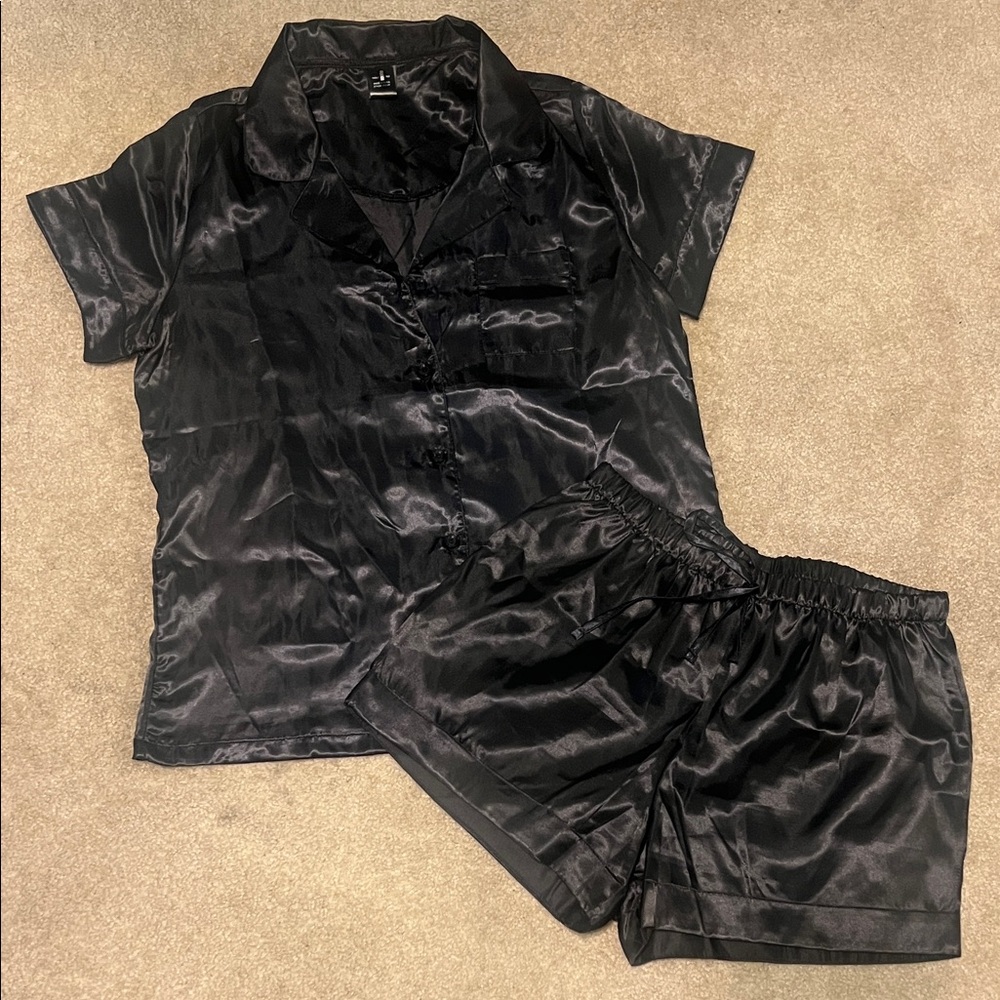 Fashion Nova Black Satin Pajama Set